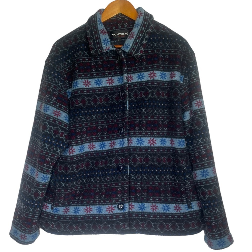 Sandro Sport Fleece Cabin Print Full Button Down Large Jacket